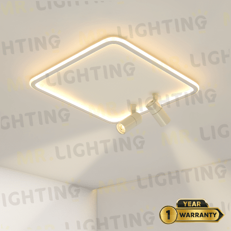 Plafonnier MILO MrLighting vu de dessous, avec cadre lumineux carré et deux spots orientables